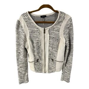DREW Gray and Cream Tweed Knit Zipper Front Cardigan